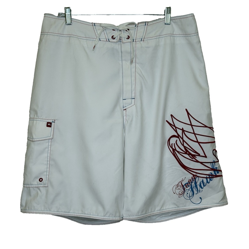 Tony Hawk Board Shorts Swim Trunks Size 36 White w/ Red Stitching Tie Waist NEW